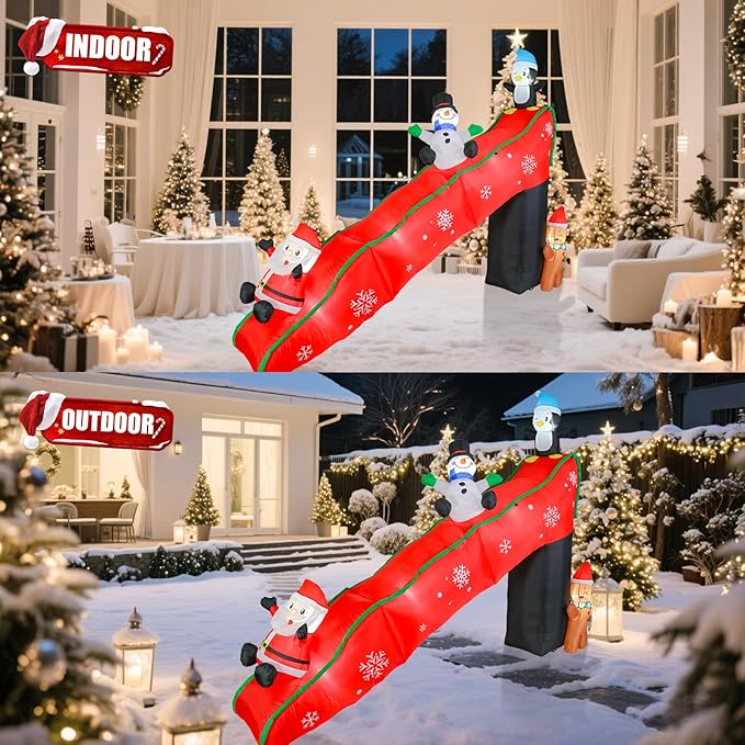 VCUTEKA Christmas Inflatables Outdoor Decorations, 9.7FT Snowy Slide with Santa, Snowman, Penguin, Gingerbread Man, Animated Christmas Inflatable Yard Decoration LED Lights for Holiday Lawn Garden