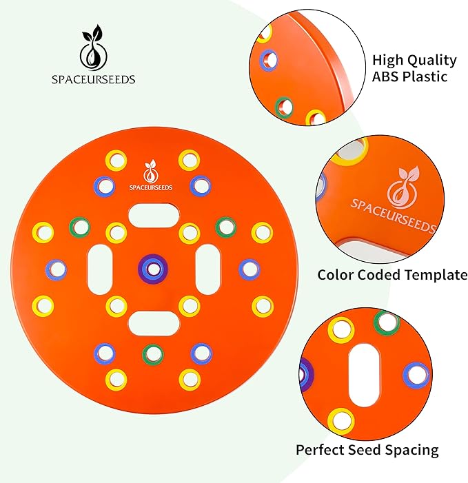 Round Seed Planting Template by Spaceurseeds – Patented Color-Coded Garden Spacing Tool Kit with Seed & Seedling Spacer, Dibber with Seed Spoon & Laminated Vegetable Growing Guide