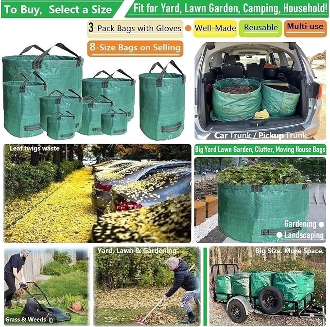 Professional 3-Pack 63 Gallon Lawn Garden Bags Large (D31,H19 inch) Yard Waste Bags w/Gardening Gloves, Standable Big Leaf Bag,Yard Debris,Lawn Trash Container,Grass Clippings Bags,Weeds Bag 4 Handles