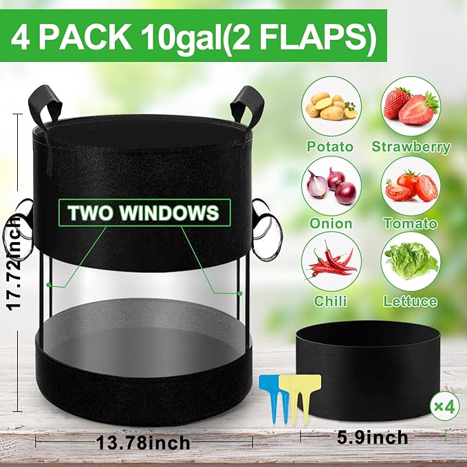 4 Pack 10 Gallon Black Potato Grow Bags with 360° Visible Flap Window,Thickened Potato Planter for Growing Potatoes,320g Heavy Duty Nonwoven Fabric Pots Plant Garden Bags to Grow Vegetables Tomato