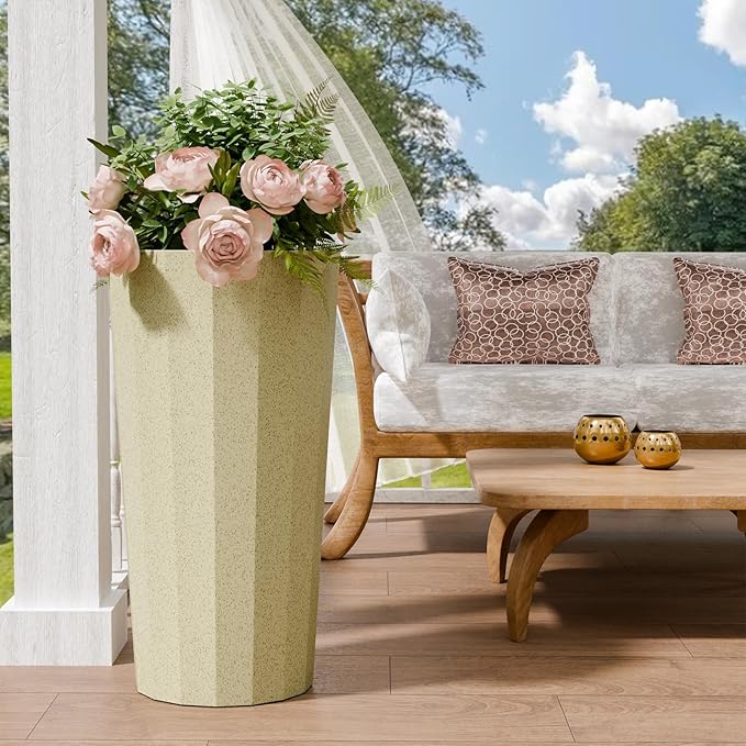 23.6" Tall Planters for Outdoor Plants, Large Outdoor Planters for Porch Decor with Drainage Hole, Wide Stripe Design Flower Pots Fits Indoor Plants Patio/Garden, Plastic Off White (2 Pack)