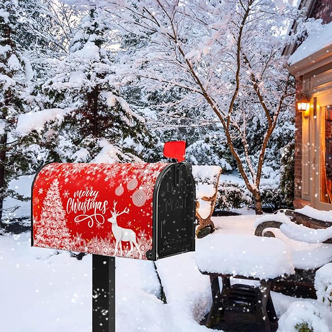 Merry Christmas Mail Box Covers Magnetic Standard Size 21x18 inch Winter Deer Snowflake Mailbox Cover Xmas Tree Mail Box Wrap for Outside Garden Yard Red