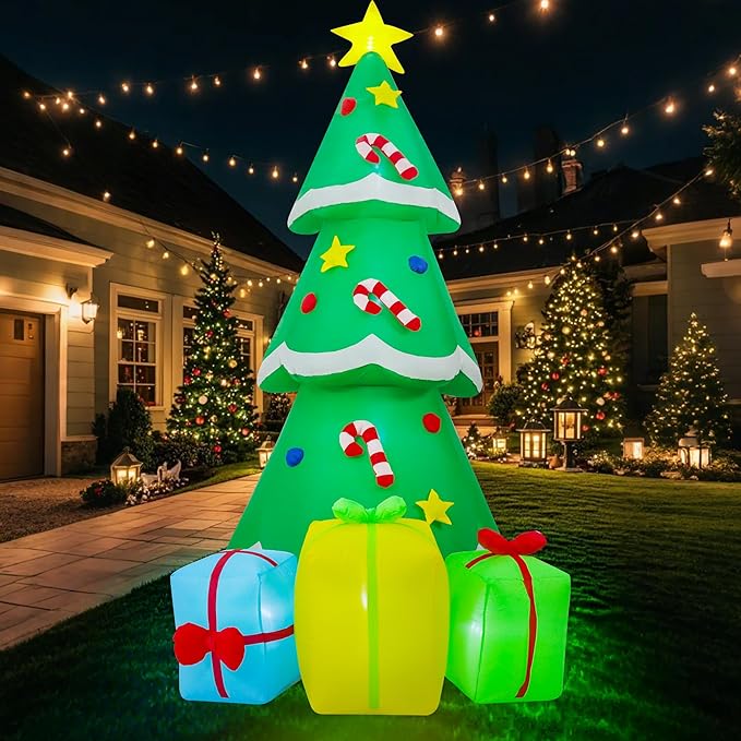 9FT Christmas Inflatables Tree Outdoor Decoration, Indoor Gift Boxes Lighted Party Decoration, Blow Up Decor with Built-in LED Lights Suitable for Lawn/Yard/Garden/Porch