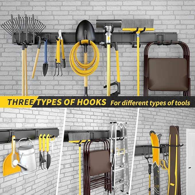 64 Inches Garage Storage, UUP Garage Organization Wall Mount Garden Tool Organizer, 620lbs Adjustable Metal Hooks, Yard Shed Rail Rack, Lawn Tool Holder for Hanging Rake Broom Mop Snowboard, Home Gift
