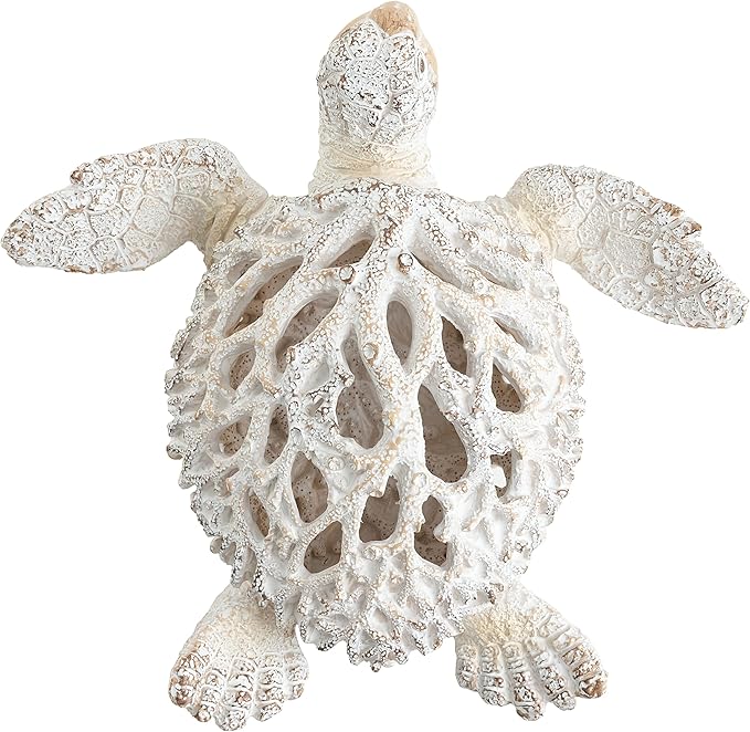 VVGIFTS Ocean Decor White Sea Turtle Coral Reef Home Office Decor Sculpture Beach Coastal Tabletop Shelf Collection (White)