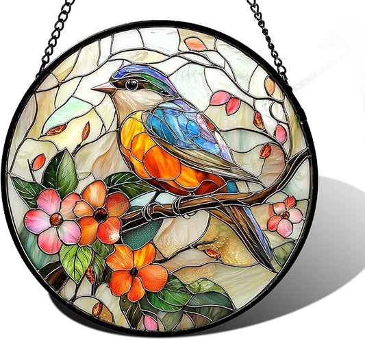 Stained Glass Window Hanging, Blue Bird Pink Flower Suncatcher Diamond Glass Panel Bird Sun Catchers Decor for Birthday for Women, Men, Wife, Aunt, and Mom 7.8 in