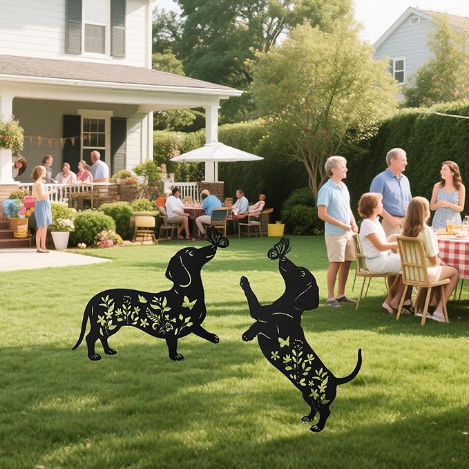 Dachshund Decorative Garden Stakes, 2 Pcs Dachshund Gifts for Women Men Metal Garden Stakes, Dog Butterfly Floral Silhouette Outdoor Yard Art Lawn Decor