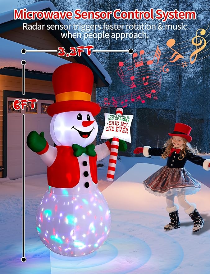 6 FT Christmas Inflatable Snowman with Motion-Activated Christmas Greeting Music & Spinning Light, Blow Up Gentleman Snowman Outdoor Inflatable Decoration for Holiday Yard Lawn Patio