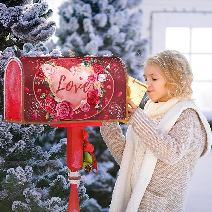 Valentine's Day Mailbox Covers Magnetic Standard Size 18 X 25.5 Inch Red Love Hearts Magnetic Mailbox Cover Floral Mailbox Wraps Post Box Cover Decoration Outdoor Garden Home Yard Outside