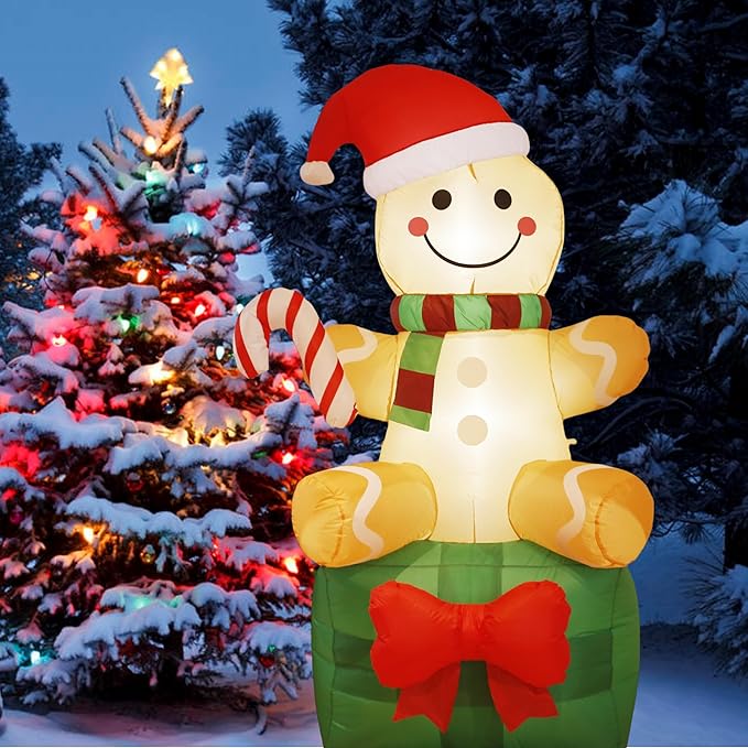 Christmas Inflatable Gingerbread Man with Giant Gift Box 6 FT, Outdoor Xmas Holiday Decorations Blow Up, Inflatable Yard Decorations with Build-in LED Lights