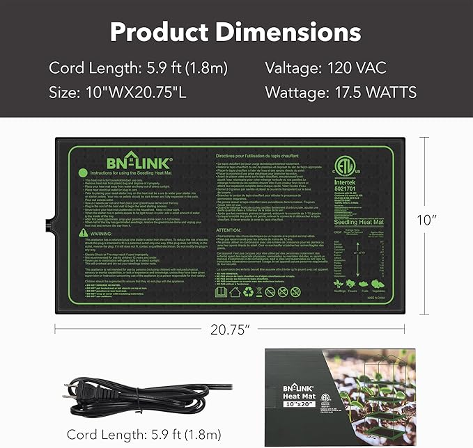 BN-LINK Seedling Heat Mat for Seed Starting 10" x 20.75", 4 Pack Daisy Chainable Waterproof Warming Mat Plant Heating Pad for Seed Germination, Indoor Growing, Hydroponic, Greenhouse, ETL Listed