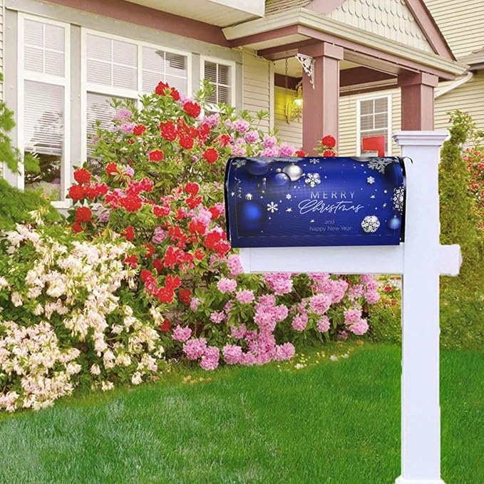 Christmas Mailbox Covers Blue Ball Fir Branch Snowflake Magnetic Letter Post Box Cover Standard Size 21 x 18 Inch Garden Yard Home Decorative