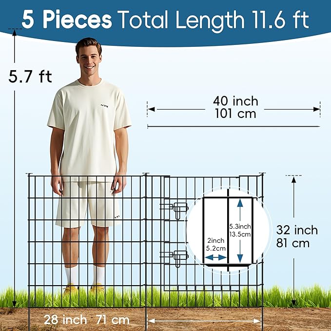 Metal Garden Fence 32 inch H x 28 inch W, 5 Panels (4 Panels + 1Gate), Total 11.6 ft, No Dig Fence Rustproof Animal Barrier Fencing for Dog, Rabbits, and Patio,Yard