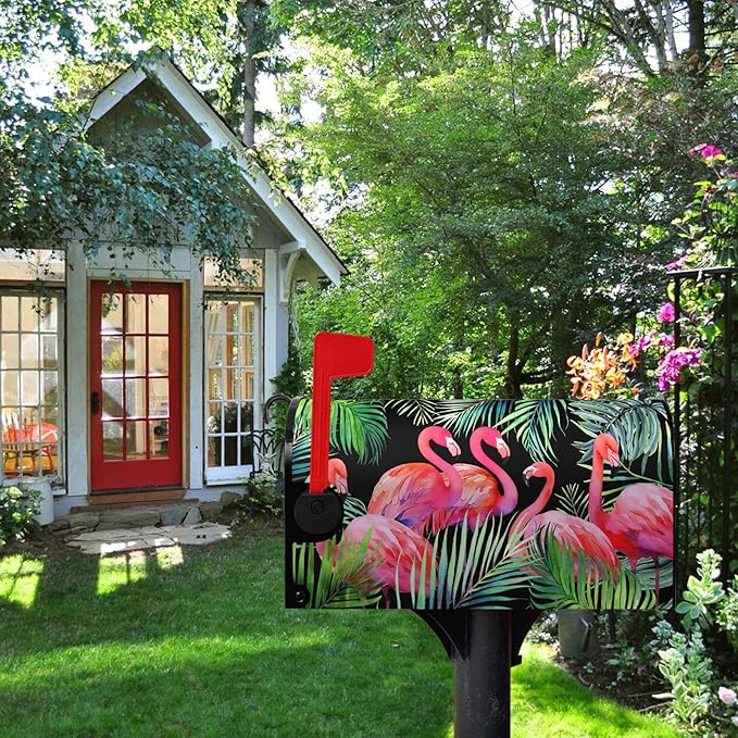 Flamingos Mailbox Cover Magnetic Summer Tropical Palm Waterproof Mailbox Wraps Pink Birds Green Leaf Post Letter Mail Box Standard Size 21x18 Inch for Garden Yard Decor Outdoor
