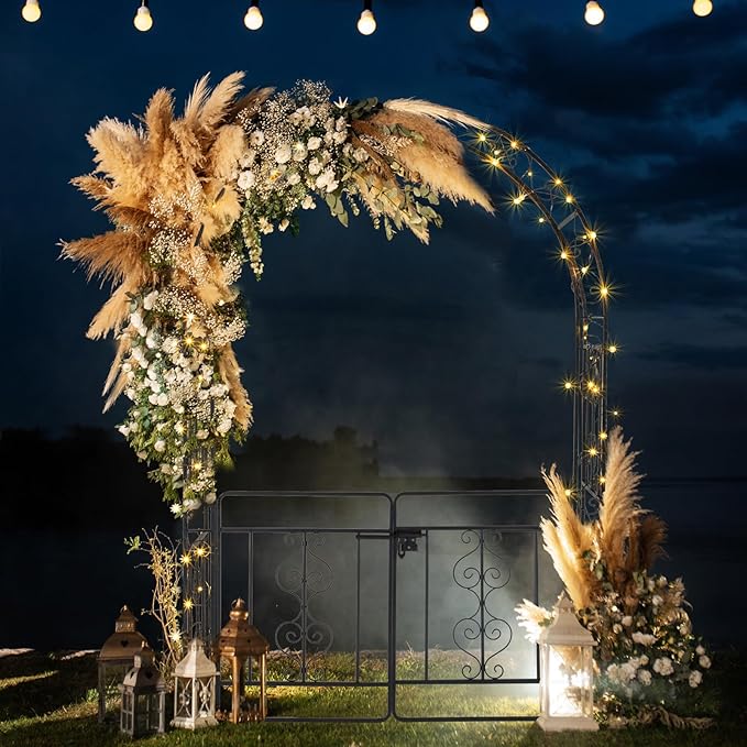 Garden Arbor with Gate, 7FT Wedding Arches for Ceremony, Metal Garden Arch for Climbing Plants Outdoor, Black Garden Archway for Lawn, Patio and Backyard, Includes Ground Stakes