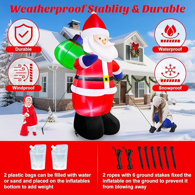 Danxilu 8 FT Christmas Inflatable Santa Claus with Gift Bag Outdoor Decorations, Blow Up Giant Santa IP44 Weatherproof Xmas Decor Built-in LED Lights for Yard Outside Lawn Patio Holiday