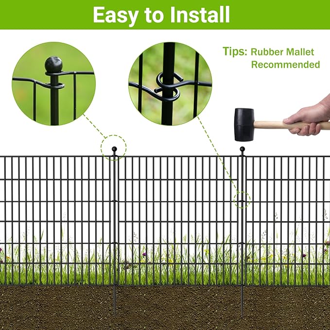 10 Panels No Dig Decorative Outdoor Garden Fence with Gate for Yard, 24 in(H) X 20 ft(L) Animal Barrier Fencing Rustproof Metal Wire Panel Border for Dog, Rabbits, and Patio Temporary Ground Stakes