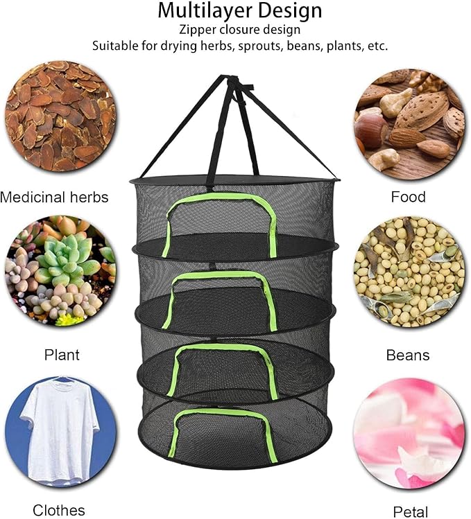 Cyrank Herb Drying Rack, 4/6 Layer Hanging Mesh Net for Plants Seeds Buds, Foldable Plant Drying Net with Storage Bag, 23.6" Diameter Fit in Grow Tents Closets Hydroponics, Zipper Closure(4 Layer)