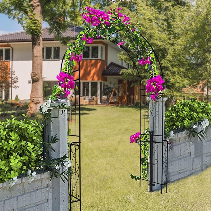 Metal Garden Arch, Assembly Garden Arbor Trellis Climbing Plants Support Rose Arch Outdoor Wedding Arch Party Events Archway (W55'' x H94.5'', Black)