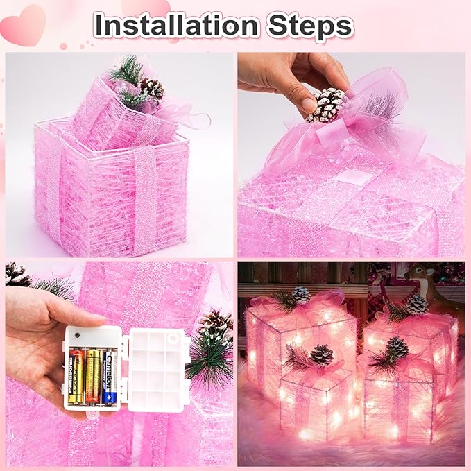 Set of 4 Pink Christmas Lighted Gift Boxes, Pre-lit Light up Present Set with Different Sizes for Holiday Indoor Outdoor Decorations - Battery Operated (Pink)