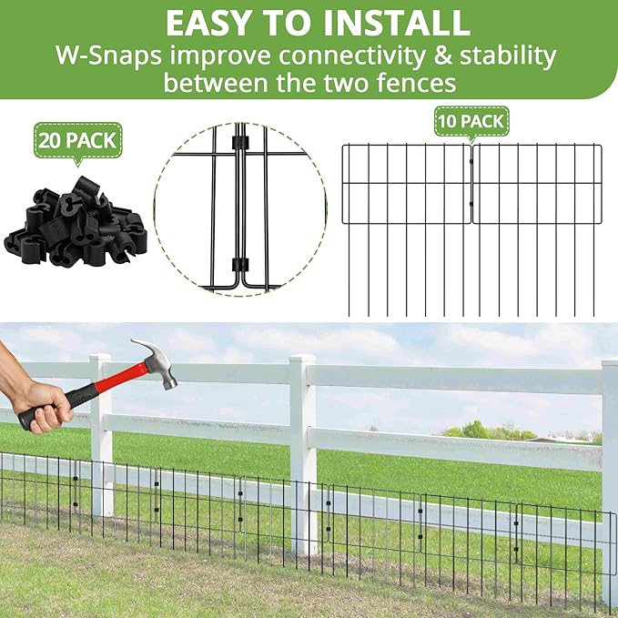 10 PCS Animal Barrier Fence, 17''(H) X 10.8 Ft(L), No Dig Garden Fencing Border for Small Dogs & Rabbits, Rustproof Metal, Decorative Fencing for Outdoor Landscape Yard Patio, 2‘’ Spike Spacing Fence