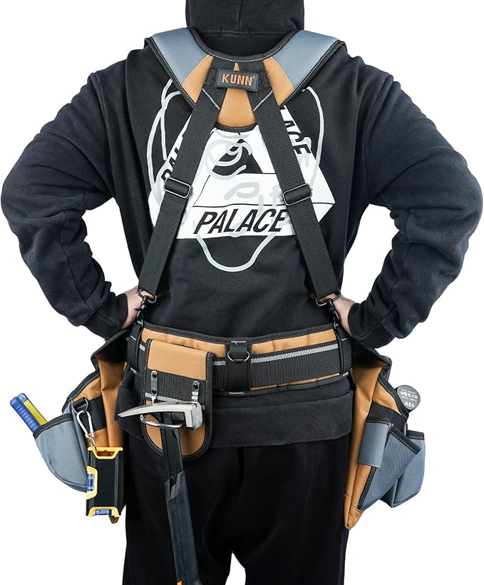 KUNN Carpenter Tool Belt with Suspenders Pro Framer Suspension Tool Rig for Construction Contractors and Electrician,Khaki