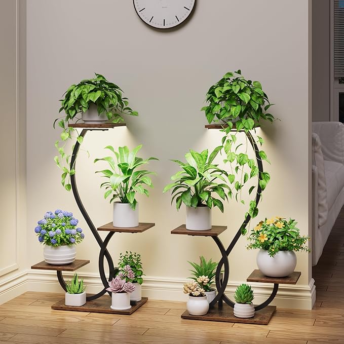 Plant Stand Indoor with Grow Lights - 2 Pack Plant Shelf, Lighted Corner Plant Stands for Indoor Growing, 4 Tiered Metal Flower Holder, S-Shaped Decorative Shelves for Home, Hallway, Black