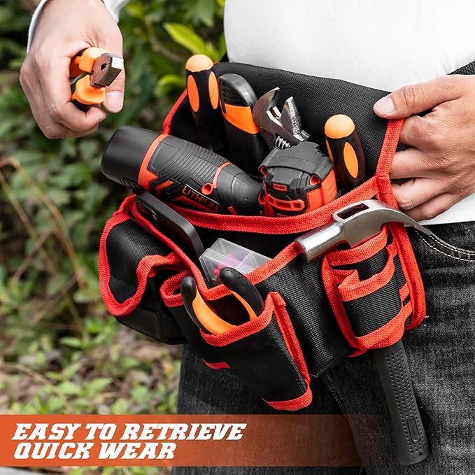 Ultra-Thick Men's Tool Belts Fits Waist 31”to 52” Adjustable Oxford Work Pouch with 15 Durable Pockets, Ideal for Repair & Electrical Work (Orange, Extra Large)