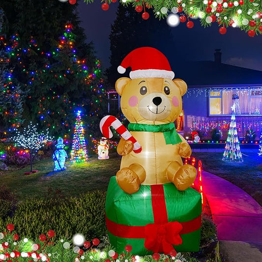 Christmas Inflatables Bear on Gift Box Lighted Yard Lawn Inflatable Decoration with Built-in Fan and Stakes Ropes Holiday Party Decor, Christmas Decor (5FT- Bear on Giftbox)
