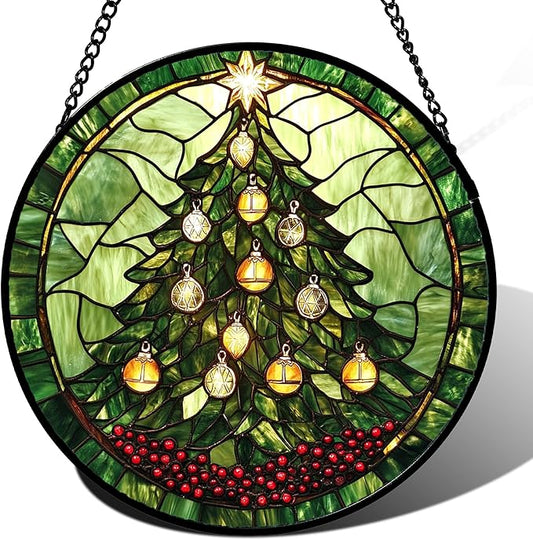 Stained Glass Window Hanging - Green Christmas Tree Golden Bells Suncatcher for Doors Home Christmas Decoration Sun Catcher Thanksgiving New Year Birthday Gift for Women Men Mom Nana 6.3 in