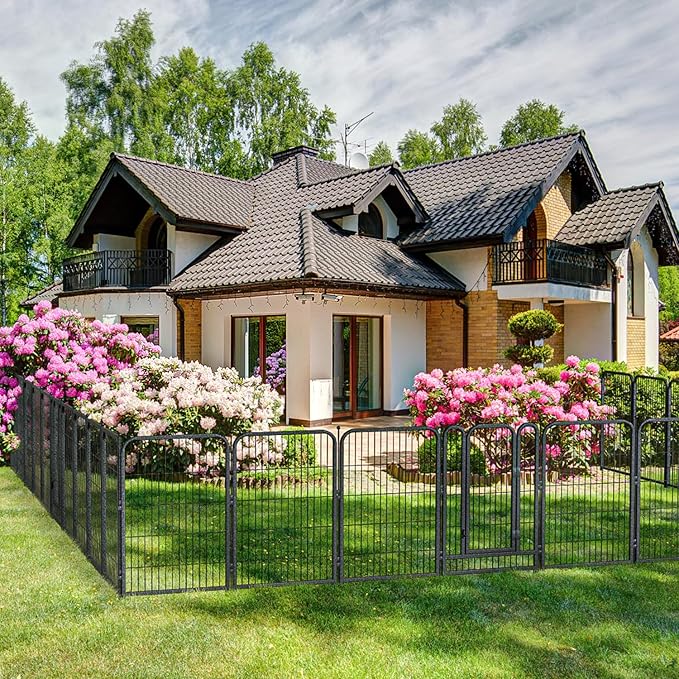 Decorative Garden Metal Fence 31.4ft (L)×24in (H) with 14 Panels 2 Gate Outdoor, No Dig Rustproof Wire, Animal Barrier Fencing for Outdoor Yard Patio Flower Bed,（Black-Silver）