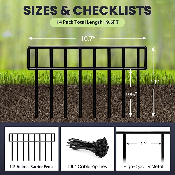 19.5 Ft(L) X 13Inch(H)Animal Barrier Fence - 14 Pack No Dig Fence Panels Dog Dig Fence Barrier Metal Small Garden Fence Border for Dogs Rabbits Defense Bottom Blocker for Outdoor Yard Patio