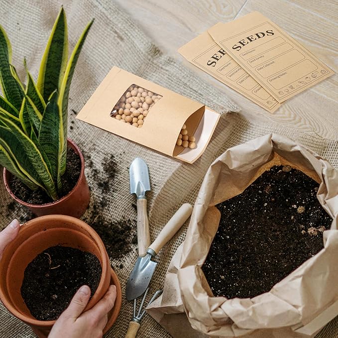 100 PCS Seed Packets Clear Envelopes, Self Sealing Kraft Bags 3.15”x 4.72”, Seed Storage Organizer Mini Envelopes with Preprinted Collecting Template for Flower Vegetable Seed Collection(A style)