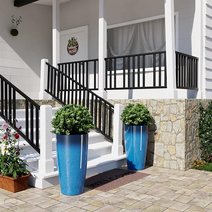 QCQHDU 21 inch Tall Planters for Outdoor & Indoor Plants, Set of 2 Large Outdoor Planters with Drainage Hole for Front Porch, Patio, Garden, Home Decor, Blue