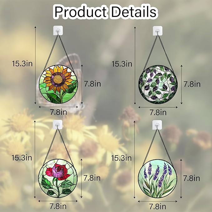 Stained Glass Window Hanging 4 Pcs Set Red Roses Yellow Sunflowers 7.8" - Flower Suncatcher Door Garden Sun Catcher Decor Birthday Mother's Day for Mom Woman Nana Girl