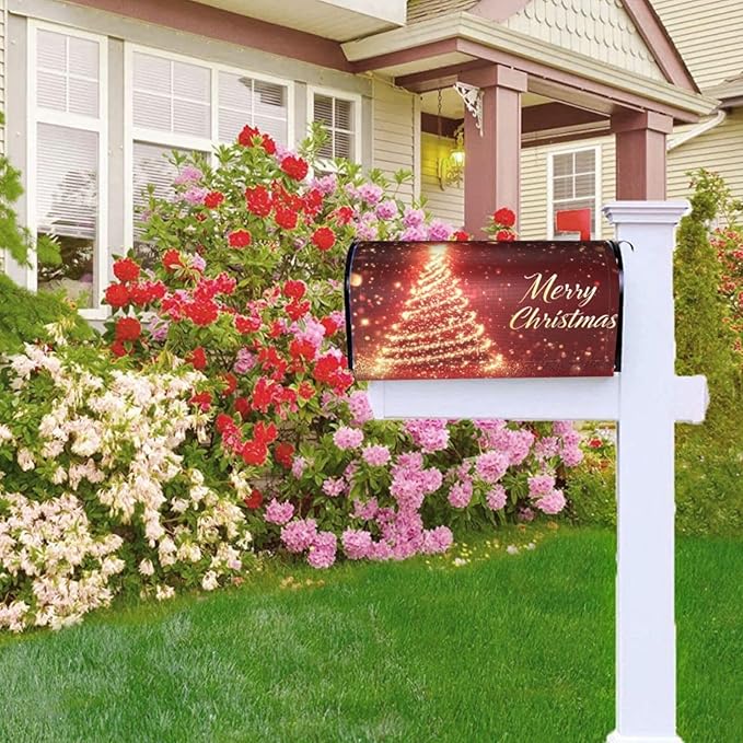 Festive Magnetic Mailbox Cover Red Pine Tree Christmas Pattern Outdoor Mailbox Protector Holiday Seasonal Decorative Garden Yard Home Large Size 25.5 x 21 Inch