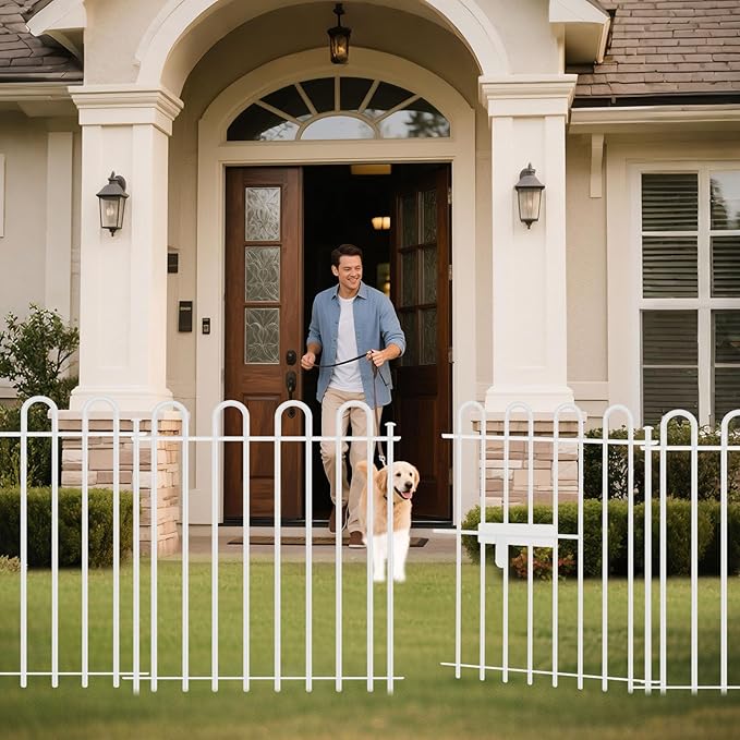 10 Panels Decorative Garden Fence with Gate, 32 in (H) x 21.6 ft (L) Metal Thick Tube No Dig Dog Fence Outdoor for Yard, Rustproof Tall Animal Barrier Fencing, Garden Edging Border for Yard, White