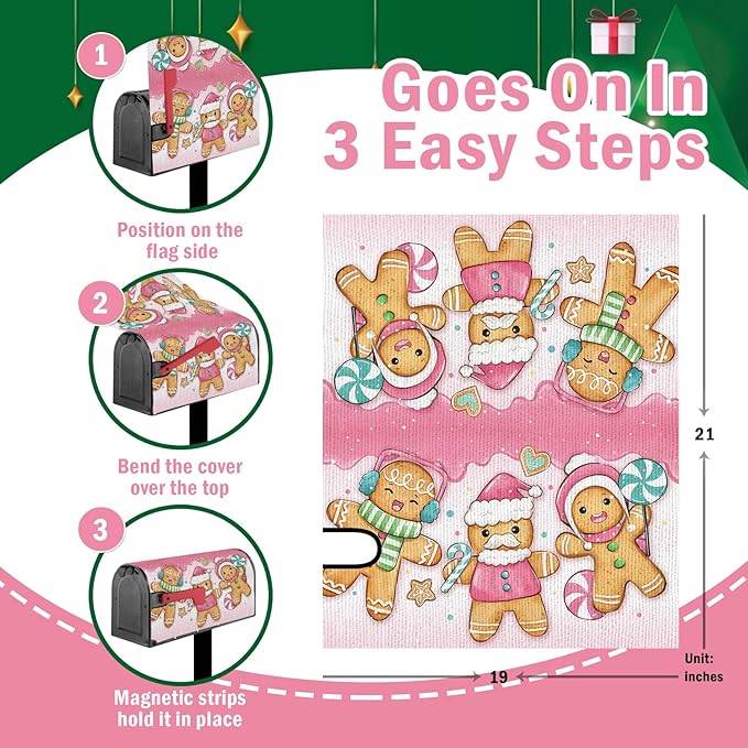 Pink Christmas Mailbox Cover Magnetic Standard Size 20.5" x 18", Xmas Gingerbread Man Peppermint Candy Decorative Post Letter Box Wrap Decor, Winter Holiday Garden Yard Outdoor Decoration