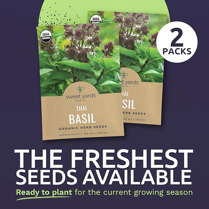 Organic Thai Basil Seeds – Seed Packet of Over 650 Open Pollinated Non-GMO Seeds – Sweet Yards Seed Co.