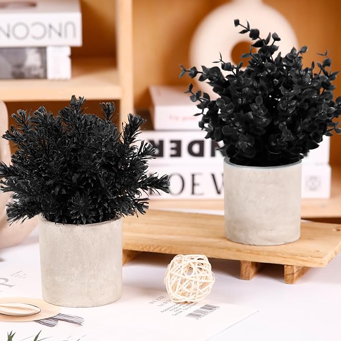 Der Rose 3 Pack Black Mini Potted Fake Plants Decor Artificial Eucalyptus Plants Topiaries for Halloween Black Bathroom Accessories Home Office Desk Farmhouse Room Table Decor