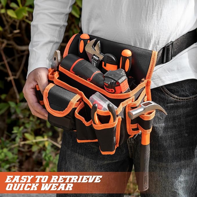 Ultra-Thick Men's Tool Belts Fits Waist 31”to 52” Adjustable Oxford Work Pouch with 15 Durable Pockets, Ideal for Repair & Electrical Work (Orange, Extra Large)