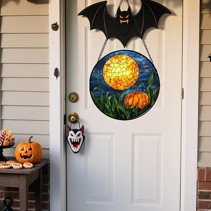 Stained Glass Window Hanging - Halloween Decorations Orange Pumpkin Moon Suncatcher for Doors Garden Indoor Spooky Funny Sun Catchers Gothic Decor Horror Gifts for Women Men Friend 15 in