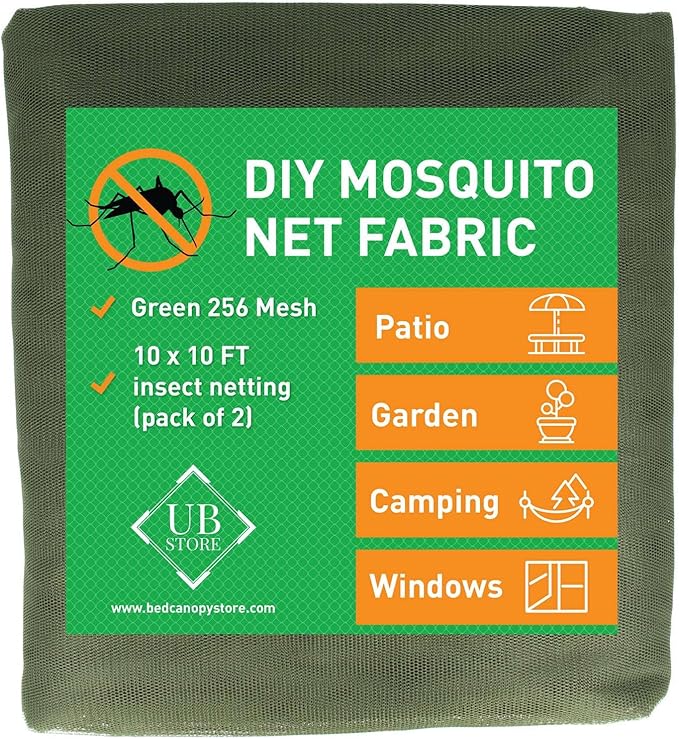 Green DIY Mosquito Net Fabric | 10x10 FT Netting 2 Pack | Insect Cover for Garden, Patio, Outdoor & Windows | Multiple Sizes in Black, White & Green | Raised Bed Screen Mesh Barrier