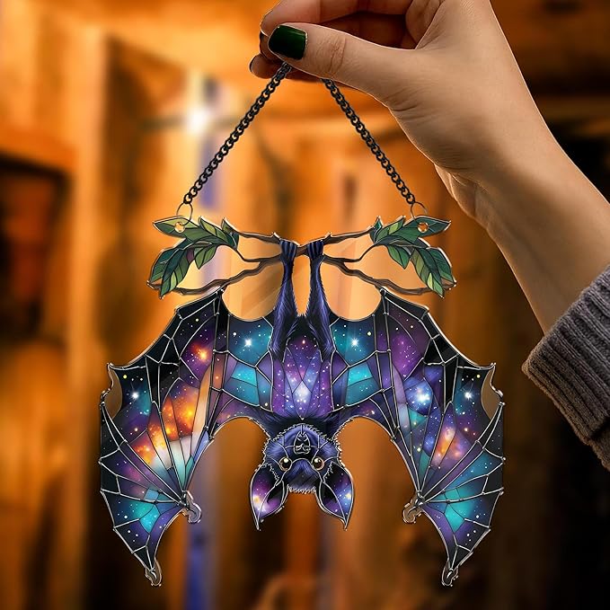 2 Halloween Decorations Bat Raven Acrylic Suncatchers, Window Hanging Bat Gothic Decor, Spooky Raven Halloween Ornament Gifts, Idea Gifts Holiday Keepsake, Scary Home Indoor Outdoor Display SS344