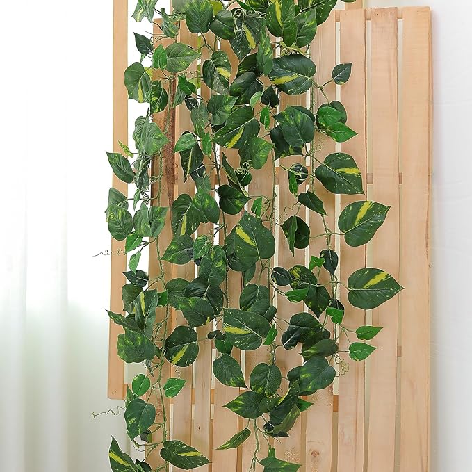 2Pack 14Ft Flame Retardant Artificial Ivy Scindapsus Leaves Bendable Fake Green Plants Vines Ivy Garland Wreath Silk Hanging Rattan Bedroom Wedding Party Garden Wall Table Front Door Ceiling Decor