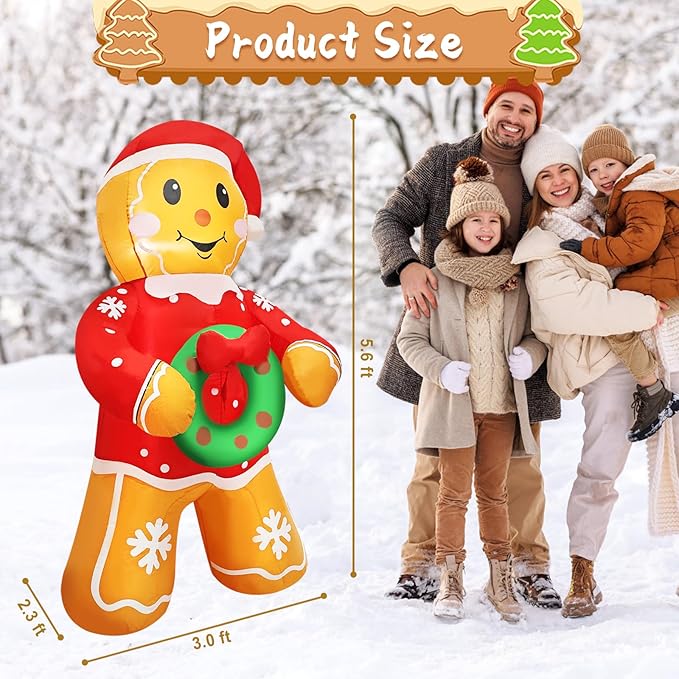 Christmas Gingerbread Man Inflatable Decoration 5.6 FT Outdoor Holiday Yard Decor with Santa Hat and Wreath, Perfect for Lawn, Garden, Party or Indoor Holiday Display