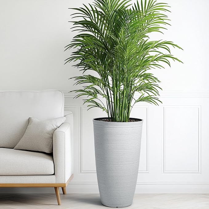 23.5" H Tall Pot Planters, 2-Pack Taper Large Flower Pots for Indoor Outdoor Use, UV-Protect PP Plant Container for Garden Patio Yard Balcony Porch or Home Decor, White Vertical Stripes Texture