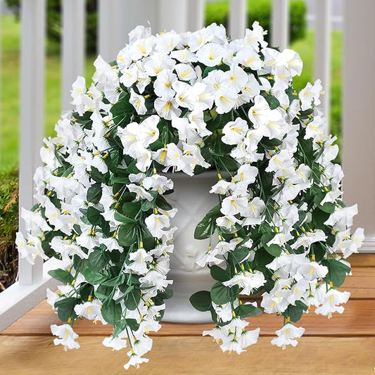 Sggvecsy Artificial Fake Hanging Flowers Plants for Outdoor Outside Spring Summer Decoration 2PCS Faux Silk UV Resistant Realistic Morning Glory Trailing Vines for Home Porch Patio Balcony(White)