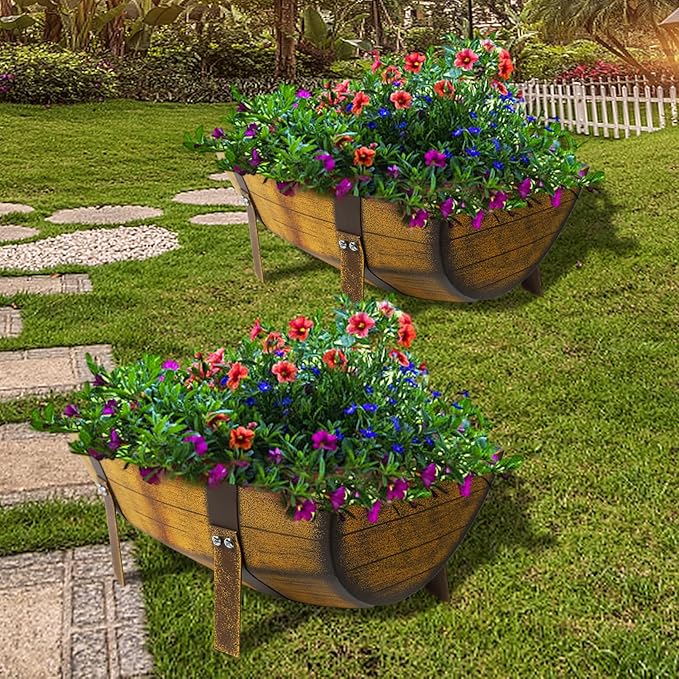 15.43In 2 Pack Rustic Barrel Planters, Decorative Outdoor Garden Backyard Planter with Legs, Metal Flower Pot Half Barrel Planter Box, Brown