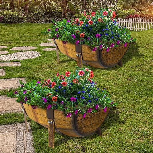 15.43In 2 Pack Rustic Barrel Planters, Decorative Outdoor Garden Backyard Planter with Legs, Metal Flower Pot Half Barrel Planter Box, Brown